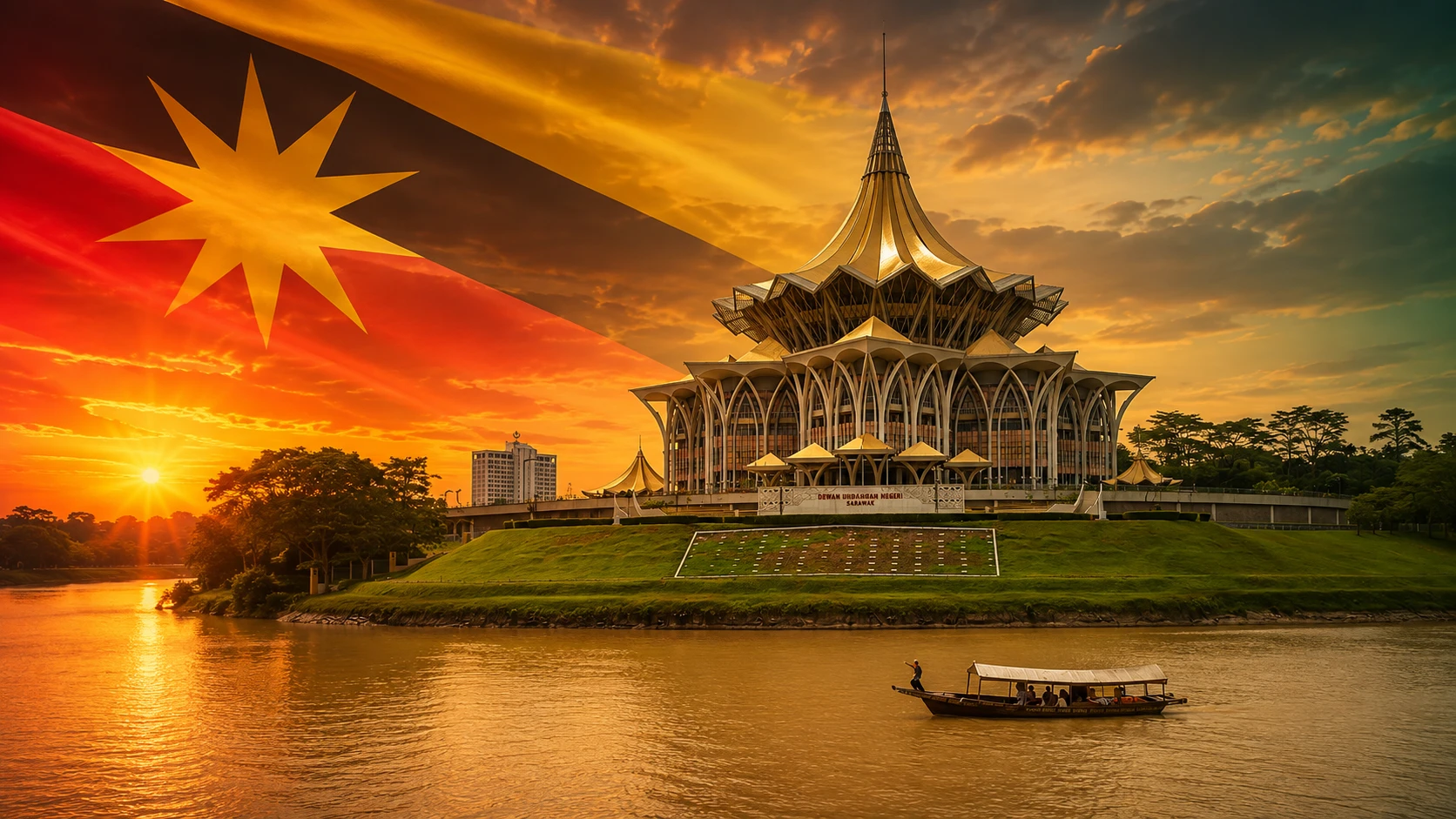 Dewan Undangan Negeri Sarawak, the Sarawak State Legislative Assembly building, at sunset